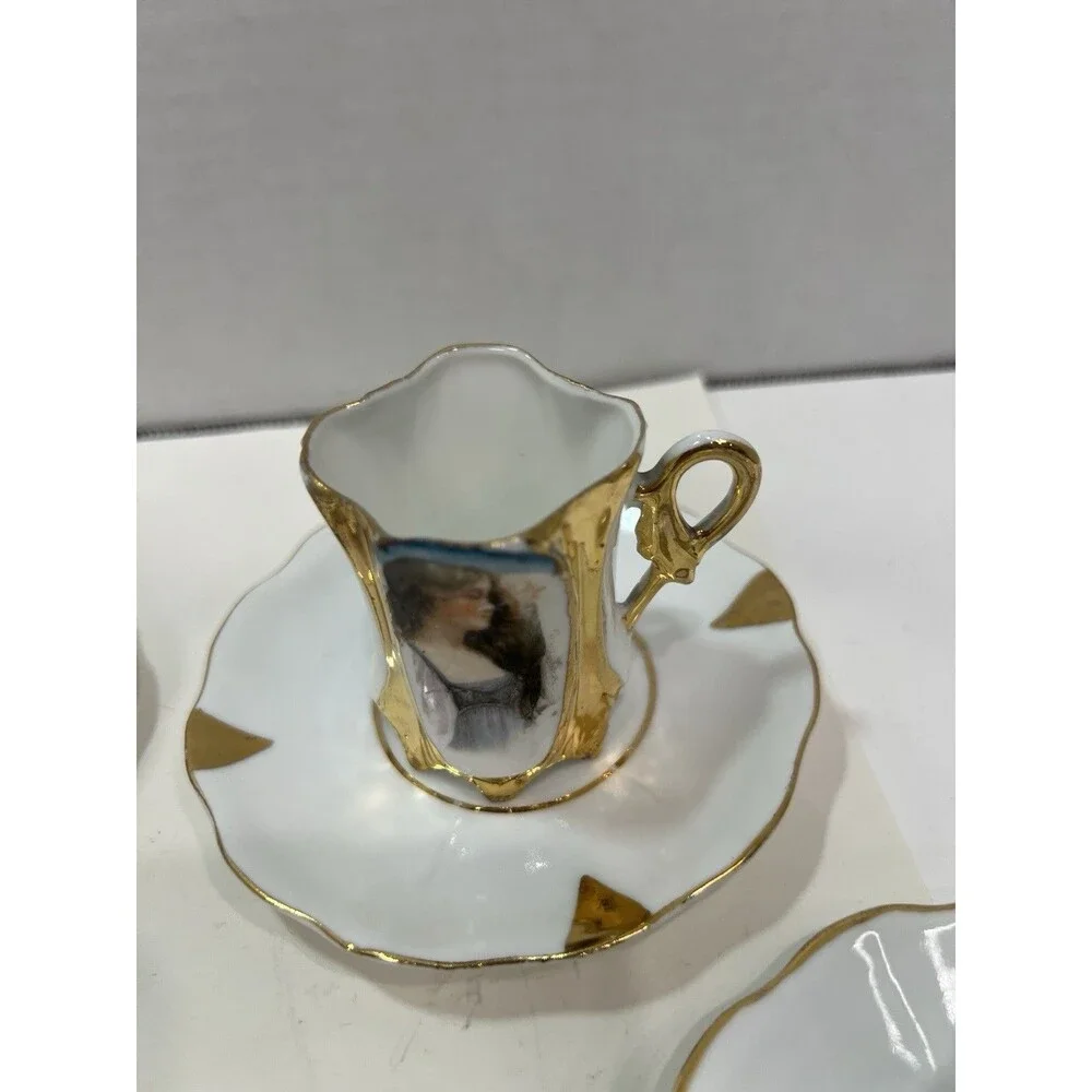 Vintage European Art Nouveau Portrait Demitasse Cups Saucers Mold 1066 Gilding